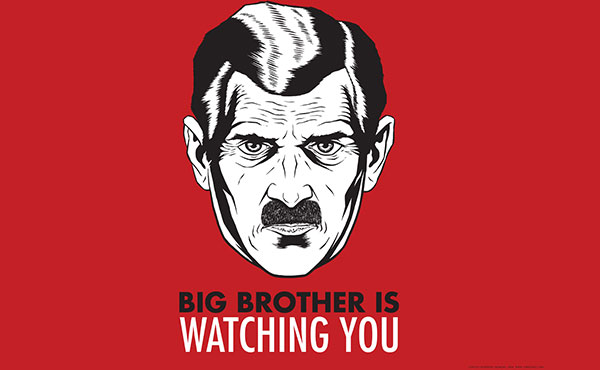 Red, white, and black poster of George Orwell's Big Brother is Watching You
